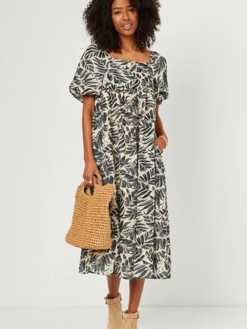 Hayden Los Angeles Puff Sleeve Botanical Print Square Neck Dress